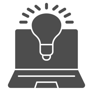 Laptop ve lamba katı ikonu, birlikte çalışma konsepti, fikir ve yenilik ışığı işareti olan dizüstü bilgisayar monitörü ikonunda cep telefonu için ampul. Vektör grafikleri.