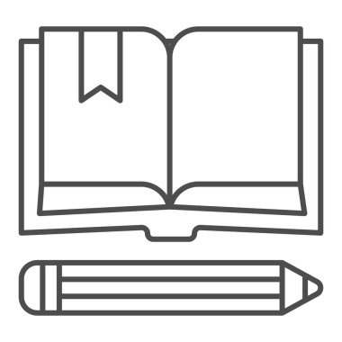 Yer imi ve kalem ince çizgi ikonu, okul konsepti, beyaz arkaplan üzerinde Not Defteri ve kalem işareti, cep telefonu için ana hatlarıyla belirlenmiş yer imi ve kalem ikonu olan bir kitap. Vektör grafikleri.