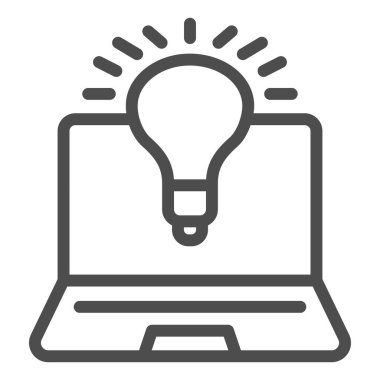 Laptop ve lamba hattı ikonu, ortak çalışma konsepti, fikri olan dizüstü bilgisayar ve beyaz arka planda yenilik ışığı işareti, mobil için ana hatlı bilgisayar ikonu şeklinde bir ampul. Vektör grafikleri.