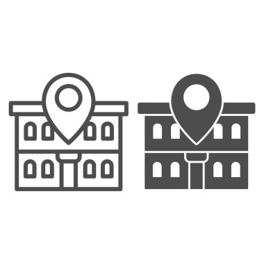 Ofis inşaatı ve harita pin hattı ve sağlam ikon, birlikte çalışma konsepti, beyaz arkaplandaki harita üzerinde bina, mobil konsept için ofis konum simgesi simgesi, web tasarımı. Vektör grafikleri.