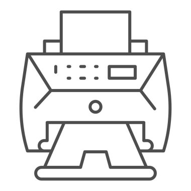Lazer yazıcı ince çizgi simgesi, birlikte çalışma konsepti, beyaz arka planda lazer yazıcı yazıcı tabelası, mobil konsept ve web tasarımı için ana hatlı büyük ofis yazıcı simgesi. Vektör grafikleri.