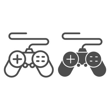 Gamepad hattı ve sağlam simge, birlikte çalışma konsepti, beyaz arkaplanda joystick işareti, mobil konsept ve web tasarımı için ana hatlı video oyunları simgesi denetleyici. Vektör grafikleri.