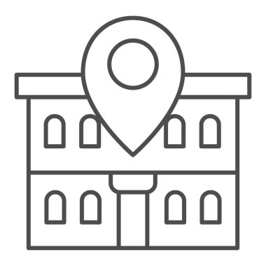 Ofis binası ve harita pin ince çizgi simgesi, birlikte çalışma konsepti, beyaz arkaplandaki harita üzerindeki bina, mobil konsept için ofis konum simgesi simgesi, web tasarımı. Vektör grafikleri.