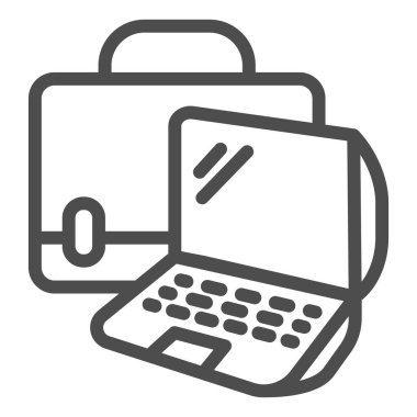 Dizüstü bilgisayar ve el çantası çizgisi simgesi, ortak çalışma konsepti, beyaz arkaplanda Not Defteri dosyası işareti, mobil konsept ve web tasarımı için dizüstü bilgisayar simgesi içeren çanta. Vektör grafikleri.