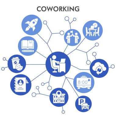 Simgelerle birlikte modern eş çalışma merkezi Infographic tasarım şablonu. Serbest ve uzak çalışma Infographic görselleştirmesi beyaz arka planda balon tasarımı. Infographic için yaratıcı vektör illüstrasyonu.