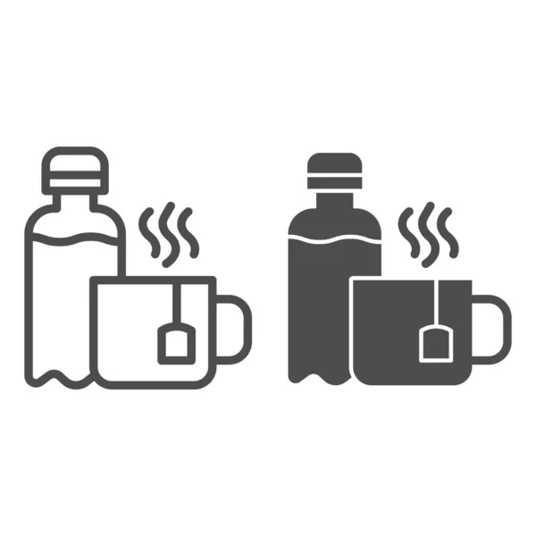 Fles water en thee lijn en vaste pictogram, Coworking concept, kantoor drankjes teken op witte achtergrond, Water fles en kopje met theezakje pictogram in omtrek stijl voor mobiel en web. vectorgrafieken. — Stockvector