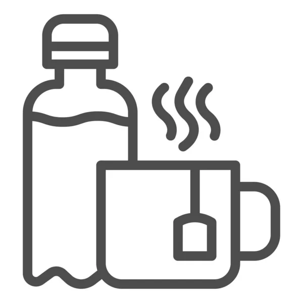 Bouteille d'eau et icône de ligne de thé, concept de coworking, enseigne de boissons de bureau sur fond blanc, bouteille d'eau et tasse avec icône de sac de thé dans le style contour pour mobile et web. Graphiques vectoriels. — Image vectorielle