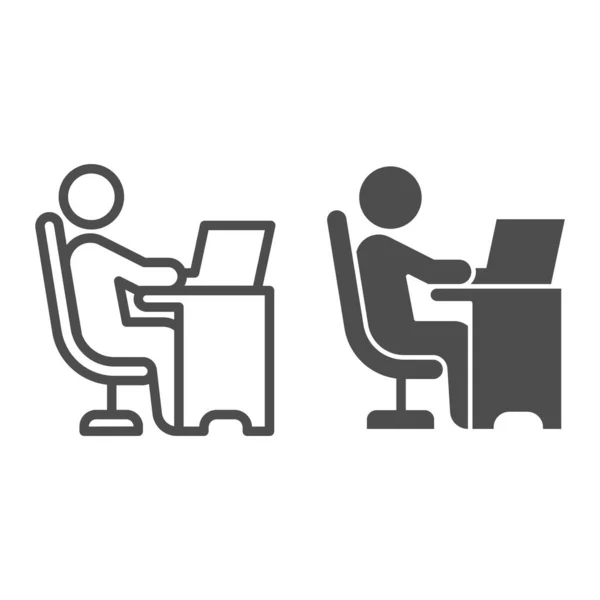 ノートパソコンのラインとソリッドアイコンのテーブルで椅子に座っている男、コーキングの概念、白い背景にノートパソコンの看板に取り組んでいるフリーランス、アウトラインスタイルでコンピュータのアイコンに取り組んでいるビジネスマン。ベクトルグラフィックス. — ストックベクタ