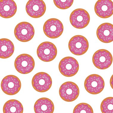 Beyaz arka planda pembe jöleli çörek olan bir arka plan. Hoş tekrarlanmış doku menüsü. Donut ve krema deseni. Şeker konsepti. Poster, ambalaj ve broşür tasarımı. Vektör illüstrasyonu.