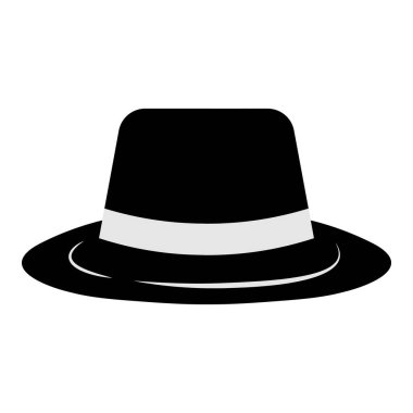 Beyaz arka planda gangster şapkası simgesi. Borsalino ya da fötr şapka. Mafya ve dedektif kavramı. Beyaz kurdeleli siyah şapkanın vektör çizimi. Logo için vektör ögeleri.