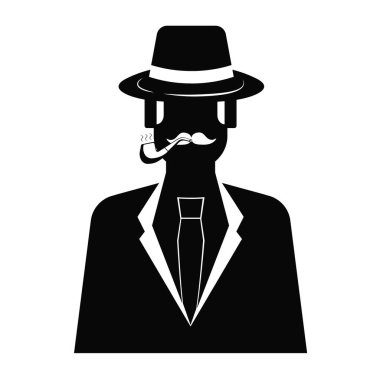Beyaz arka planda tüten pipo ikonu olan dedektif. Bıyıklı, şapkalı ve pelerinli bir adamın vektör çizimi. Düz stil dedektif. Dedektif ajansı konsepti. Logo için vektör ögeleri.
