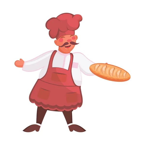 Padeiro em avental e chapéu de chef com pão na mão sobre fundo branco. Conceito de padaria. Cozinhe em uniforme vermelho com pão. Ilustração vetorial em projeto plano isolado sobre fundo branco. — Vetor de Stock