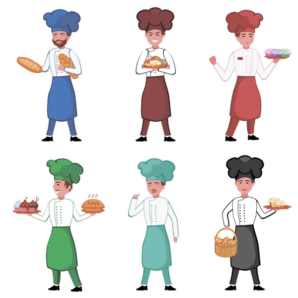 Personnages de boulangers sur fond blanc. Concept de boulangerie. Cuisines en uniforme avec des produits de boulangerie dans les mains. Illustration vectorielle d'hommes en tablier et chapeau de chef au design plat isolé sur fond blanc. — Image vectorielle