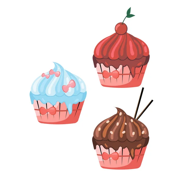 Tre muffins med blå, röd och choklad grädde på vit bakgrund. Konfektionsbegrepp. Vektor illustration av muffin i platt design. Illustration av cupcake toppers isolerade på vit bakgrund. — Stock vektor