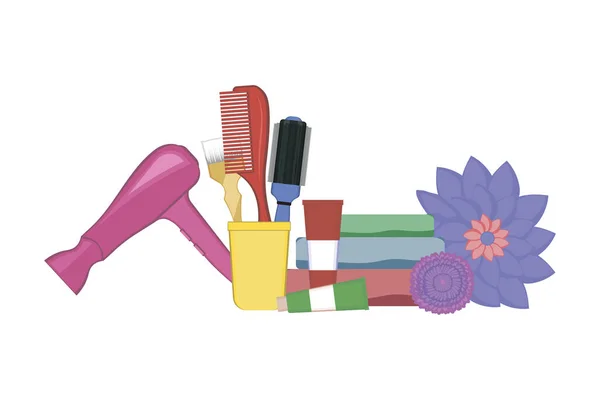 Conjunto de herramientas de peluquería sobre fondo blanco. Kit de secador de pelo, tubos de tinte para el cabello, toallas, cepillo de tinte y peines en el stand decorado con flores. Ilustración vectorial. Concepto de herramienta de peinado. — Vector de stock