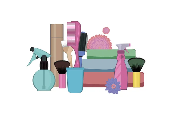 Set of hairdressing tools on white background. Kit of bottle spray, hair dye tubes, towels, dye brush and combs in the stand decorated with flowers. Vector illustration. Hair styling tool concept. — Stock Vector