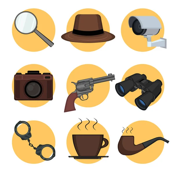 Detective set elements on yellow circles. Kit includes magnifying glass, binoculars, gun, hat, pipe, handcuffs, photo camera, cup of coffee, videcam. Tracking and investigation concept. Vector. — Stock Vector