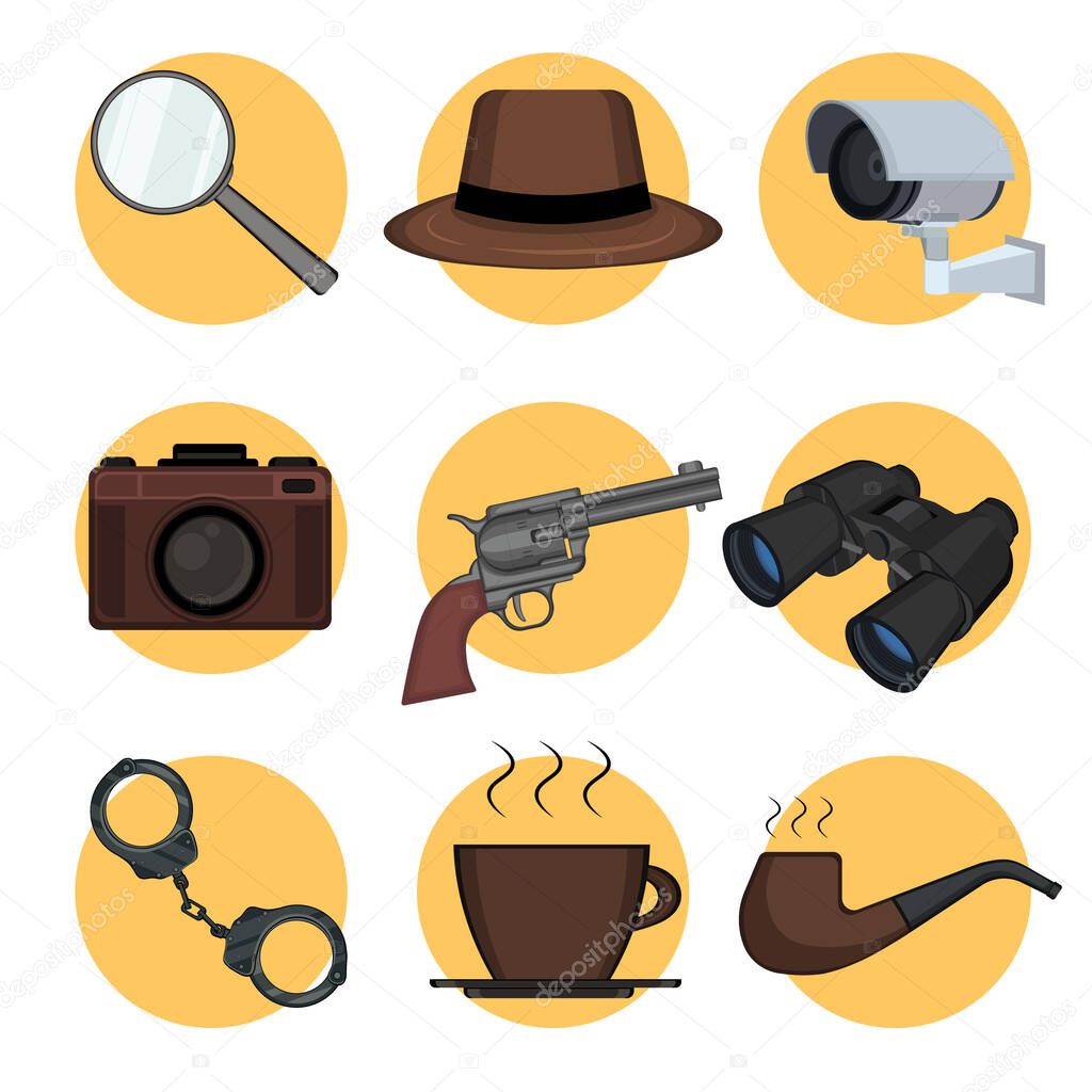 Detective set elements on yellow circles. Kit includes magnifying glass, binoculars, gun, hat, pipe, handcuffs, photo camera, cup of coffee, videcam. Tracking and investigation concept. Vector.