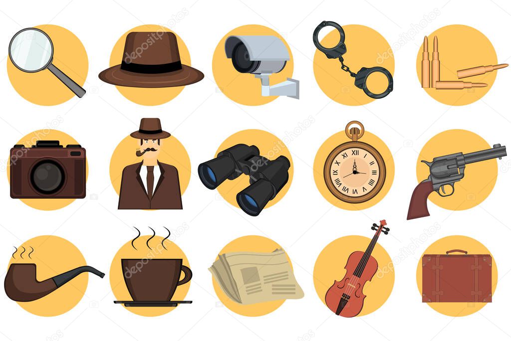 Detective set elements on yellow circles. Kit includes detective magnifying glass, binoculars, gun, hat, pipe, handcuffs, photo camera and other investigation tools. Detective story concept. Vector.