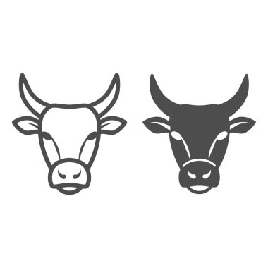 Bull Head çizgisi ve katı ikon, çiftlik hayvanları kavramı, arka planda sığır işareti, mobil konsept ve web tasarımı için ana hatlı Bull Head siluet ikonu. Vektör grafikleri.