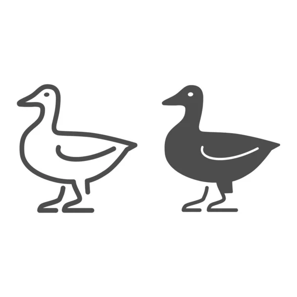 Linha de pato e ícone sólido, conceito de animais de fazenda, sinal de aves domésticas no fundo branco, ícone de silhueta de pássaro de pato no estilo de contorno para o conceito móvel e web design. Gráficos vetoriais. — Vetor de Stock