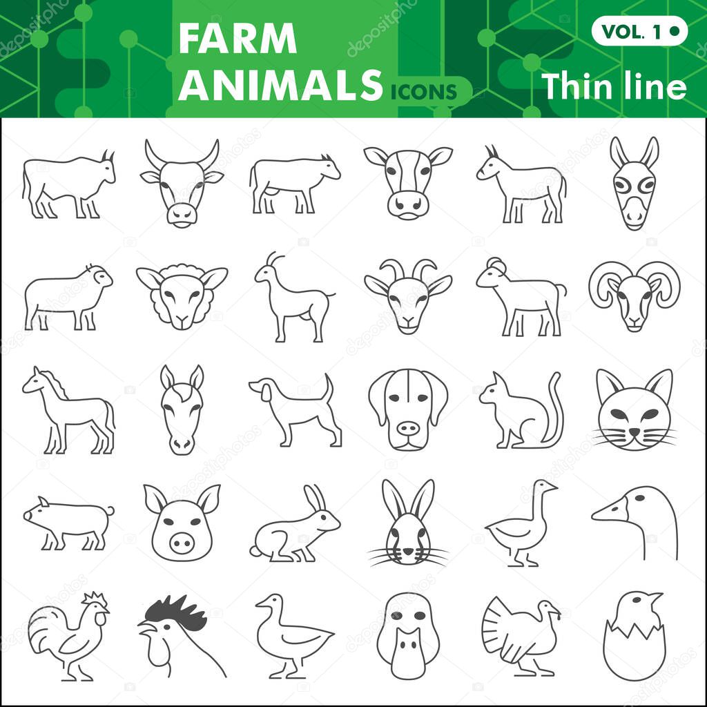 Farm animals thin line icon set, home animal symbols collection or sketches. Animals from a farm linear style signs for web and app. Vector graphics isolated on white background