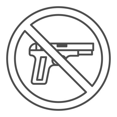 Ateşli silahlar, ince çizgi ikonu, siyah hayatı madde konsepti beyaz arka planda ateşli silah ya da silah uyarı işareti yok, çember, cep telefonu ve internet için ana hatlarda silah yasak işareti yok. Vektör grafikleri.