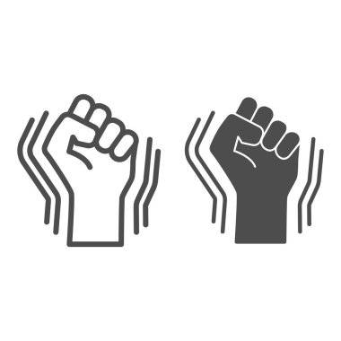 Yükseltilmiş yumruk hareketi çizgisi, katı ikon, siyah yaşam maddesi kavramı, insan eli beyaz arka planda BLM işareti, Yumruk mobil konsept ve web tasarımı için ana hatlar şeklinde ikon kaldırdı. Vektör grafikleri.