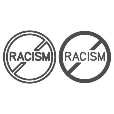 Irkçılık işaret çizgisine ve katı ikona hayır, siyahlar madde konseptine hayır, beyaz arka planda ırkçılığı durdurun, mobil konsept ve web tasarımı için ana hatlarda ırkçılık simgesi yok. Vektör grafikleri.