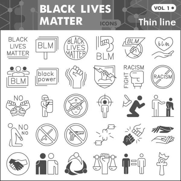 Las vidas negras importan conjunto de iconos de línea delgada, colección de símbolos sin racismo o bocetos. BLM signos de estilo lineal para web y aplicación. Gráficos vectoriales aislados sobre fondo blanco. — Archivo Imágenes Vectoriales