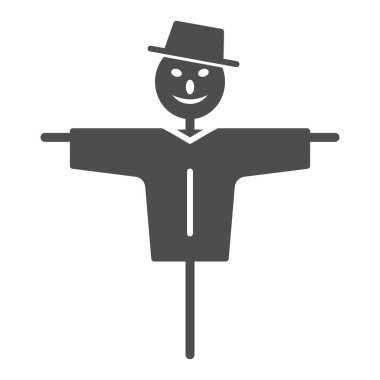 Korkuluk katı ikonu, bahçe ve bahçe konsepti, arka planda bahçe korkutucu koruma tabelası, mobil konsept ve web tasarımı için kabartma şeklinde çiftlik korkuluğu simgesi. Vektör grafikleri.