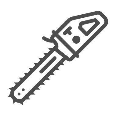 Elektrikli testere çizgisi ikonu, bahçe ve bahçe konsepti, beyaz arka planda zincir testere tabelası, mobil konsept ve web tasarımı için ana hatlı benzin testeresi ikonu. Vektör grafikleri.