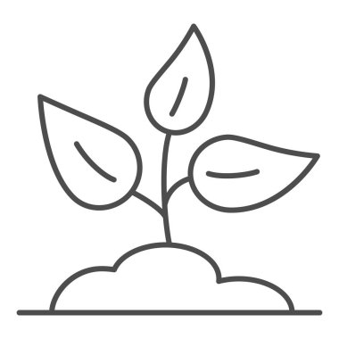 Zemin ince çizgi ikonu, bahçe ve bahçe konsepti, beyaz arka planda filizlenme işareti, taşınabilir ve web tasarımı için ana hatlarda toprak ikonu içinde büyüyen genç bitki. Vektör grafikleri.
