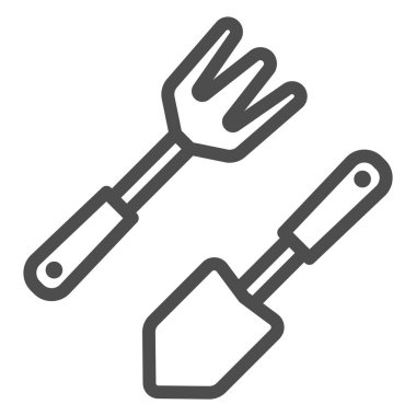 Spatula ve küçük tırmık çizgisi ikonu, bahçe konsepti, beyaz arka planda toprak işareti kazmak ve gevşetmek için el bahçesi aletleri seti, bahçe çatalı ve kürek ikonu ana hatlar şeklinde. Vektör.