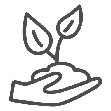 Bitki çizgisi ikonu, bahçe ve bahçıvanlık konsepti ile el ele tutuşan toprak, beyaz arka planda tohum işareti, mobil için taslak tarzında özenle seçilmiş toprak içindeki genç bitki. Vektör grafikleri.