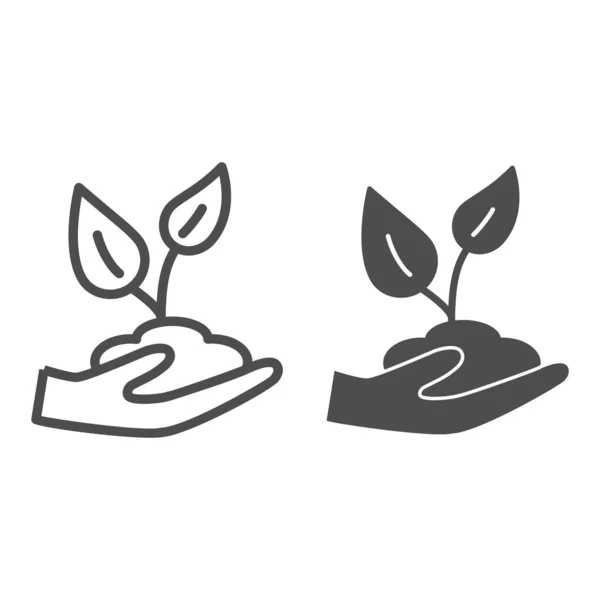 Hand houden grond met plantenlijn en solide pictogram, Tuin en tuinieren concept, Zaailingsteken op witte achtergrond, Jonge plant in de bodem in zorgzame hand pictogram in omtrek stijl voor mobiel. vectorgrafieken. — Stockvector