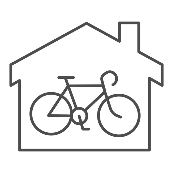 Bicycle in house thin line icon, outdoor sport concept, Bicycle inside home building sign on white background, Shop building and bike icon in outline style for mobile and web. Vector graphics. — Stock Vector