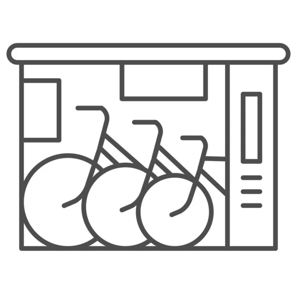 Icono de línea delgada de la tienda de bicicletas, concepto de deporte al aire libre, tienda de bicicletas y letrero de servicio sobre fondo blanco, icono del logotipo de la tienda de servicio de bicicletas en estilo de esquema para el concepto móvil y la web. Gráficos vectoriales . — Vector de stock