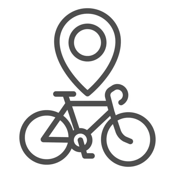 自転車の位置ラインアイコン、自転車のコンセプト、白い背景に自転車の標識と地図ポインタ、モバイルコンセプトとウェブデザインのアウトラインスタイルで自転車のレンタル位置ピンアイコン。ベクトルグラフィックス. — ストックベクタ