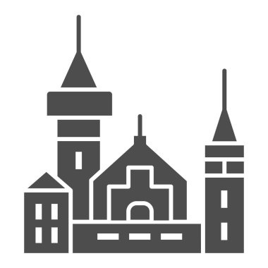 Kadim kale katı ikonu, Cadılar Bayramı konsepti, beyaz arka planda Ortaçağ kraliyet kalesi tabelası, mobil konsept ve web tasarımı için glifli sihirli yapı ikonu. Vektör grafikleri.