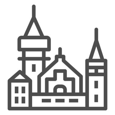 Kadim kale çizgisi ikonu, Cadılar Bayramı konsepti, beyaz arka planda Ortaçağ kraliyet kalesi tabelası, mobil konsept için ana hatlı sihirli yapı ikonu, web tasarımı. Vektör grafikleri.