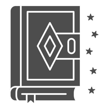 Heceleme kitabı katı ikonu, Cadılar Bayramı konsepti, beyaz arka planda sihirli kitap tabelası mobil konsept ve web tasarımı için kabartma şeklinde antik büyü kitabı ikonu. Vektör grafikleri.