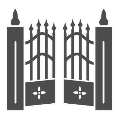 Kapıdan mezarlığa katı ikon, Cadılar Bayramı konsepti, beyaz arka planda mezarlık tabelası, mobil konsept ve web tasarımı için mezarlık çiti simgesi. Vektör grafikleri.