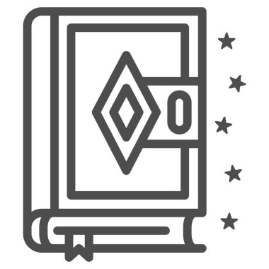 Heceleme kitabı ikonu, Cadılar Bayramı konsepti, beyaz arka planda sihirli kitap tabelası, mobil konsept ve web tasarımı için ana hatları belirlenmiş antik büyü kitabı ikonu. Vektör grafikleri.