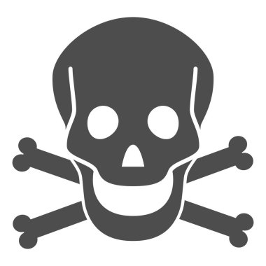 Kafatası ve kemikler katı ikon, Cadılar Bayramı konsepti, beyaz arka planda tehlike uyarısı işareti, Kafatası ve çapraz kemikler mobil konsept ve web tasarımı için sembol şeklinde. Vektör grafikleri.