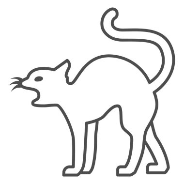 Kara kedi ince çizgi ikonu, Cadılar Bayramı konsepti, beyaz arka planda sihirli hayvan işareti, mobil konsept ve web tasarımı için ana hatlı kedi silueti simgesi. Vektör grafikleri.