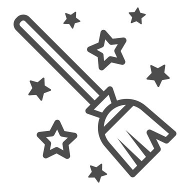 Sihirli süpürge çizgisi ikonu, Cadılar Bayramı konsepti, beyaz arka planda sihirli süpürge işareti, mobil konsept ve web tasarımı için ana hatlarıyla yıldız simgesi olan süpürge çubuğu. Vektör grafikleri.