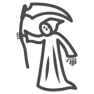 Azrail çizgisi ikonu, Cadılar Bayramı konsepti, beyaz arka planda tırpancı imzalı Ölüm, mobil konsept ve web tasarımı için taslak biçimli tırpanlı Azrail. Vektör grafikleri.