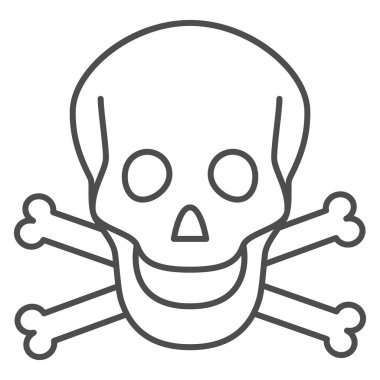 Kafatası ve kemikler ince çizgi ikonu, Cadılar Bayramı konsepti, beyaz arka planda tehlike uyarısı işareti, Kafatası ve çapraz kemikler mobil konsept ve web tasarımı için tasarım tarzında. Vektör grafikleri.