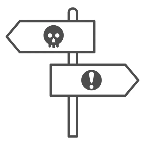 Pointeurs de direction Halloween icône de ligne mince, concept Halloween, panneaux de signalisation en bois sur fond blanc, panneau avec crâne et icône d'exclamation dans le style contour pour mobile. Graphiques vectoriels. — Image vectorielle